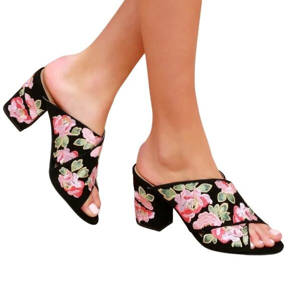 Sole Society So Luella Block Peep Toe Mules Block Heels Floral Embroidery sz 7 M - Picture 1 of 14
